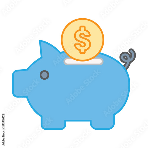A blue piggy bank with a gold dollar coin being deposited, representing personal savings and thrift