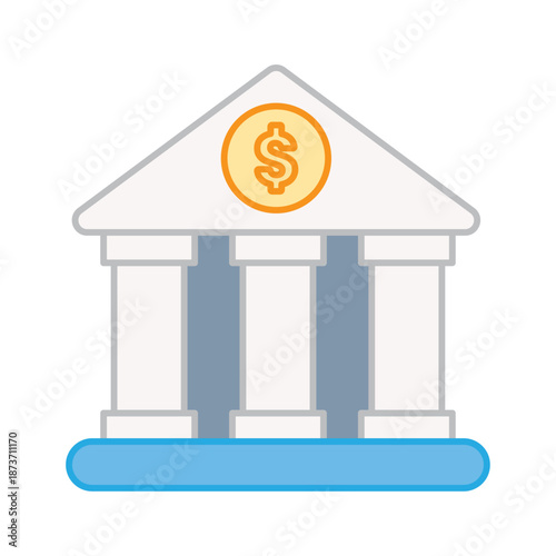 Classic bank building with a dollar coin symbol representing traditional banking services