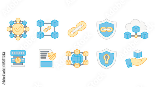 Collection of modern line icons related to blockchain distributed ledger technology decentralized networks and secure digital transactions