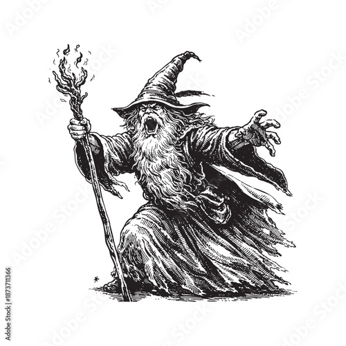 Vintage Retro Hand Drawn Screaming Wizard Casting Magic Spell