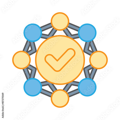 A decentralized network of nodes with a central checkmark symbol representing a verified consensus algorithm