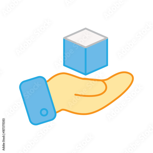 A yellow human hand holding or presenting a blue 3D block, representing asset ownership or digital delivery