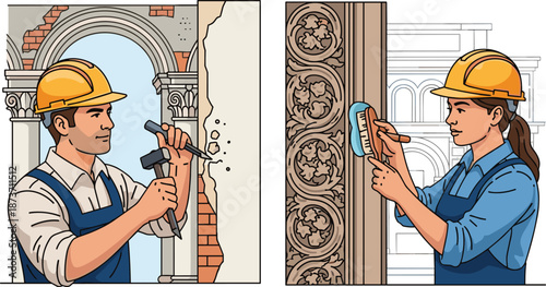 Historic building restoration, construction workers repairing, architectural conservation, skilled craftsmanship, heritage preservation, detailed renovation, restoration process, stone carving,