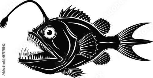 Anglerfish, silhouette, deep sea, marine animal, black and white, underwater predator, sharp teeth, bioluminescent lure, ocean creature, stylized illustration, nature drawing