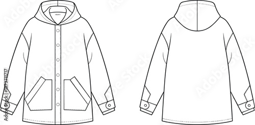 Hooded jacket flat sketch with button front closure, angled pockets, cuff tabs, topstitch details, front and back apparel design illustration