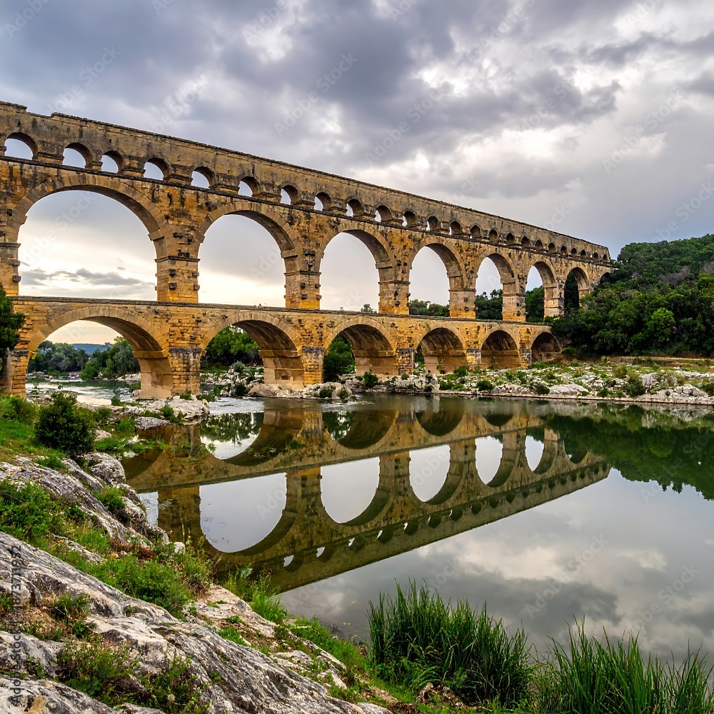 Fototapeta premium Ancient multi-tiered stone bridge over reflective water, under a cloudy sky