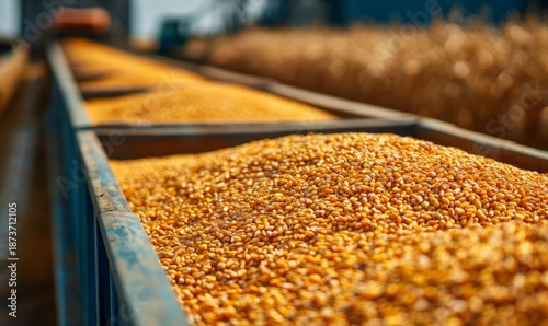 Vibrant Close-Up of Corn Harvest in Supply Chain Process with Sharp Focus on Grains