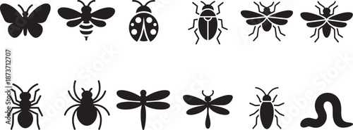 Set of black silhouette bugs and insects icon collection isolated on transparent background