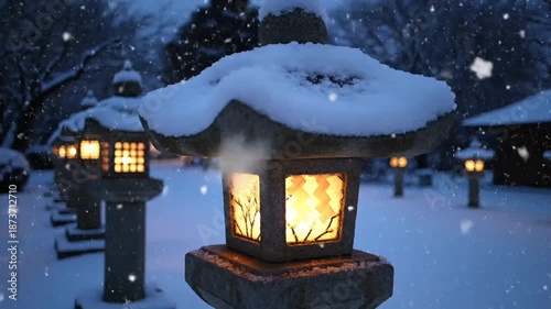 Warm light glows from stone lanterns lining a snowy garden path on a winter night.