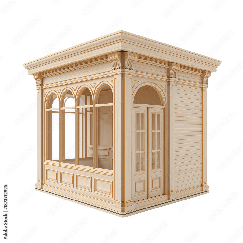 Fototapeta premium Elegant Wooden Gazebo Miniature Model with Arched Windows and Doors