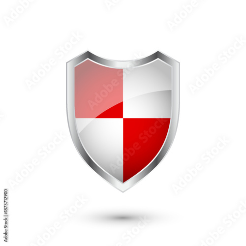 Glossy shield with red and black pattern. Security and protection concept. Cyber safety icons, internet privacy, web defense, digital data protection and antivirus themes. Vector illustration