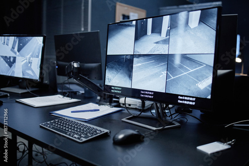 Bilde på lerret Empty security control room showing modern surveillance workstation with multipl
