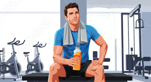 Man resting after workout in gym holding natural drink bottle