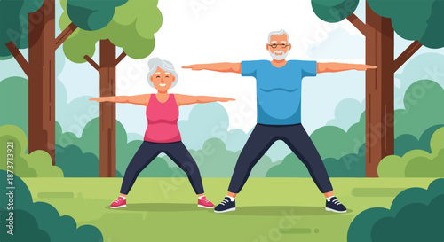 Senior couple exercising outdoors in park healthy active lifestyle illustration
