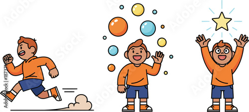 Set of cartoon illustrations of a young boy running playing with bubbles and celebrating a star.