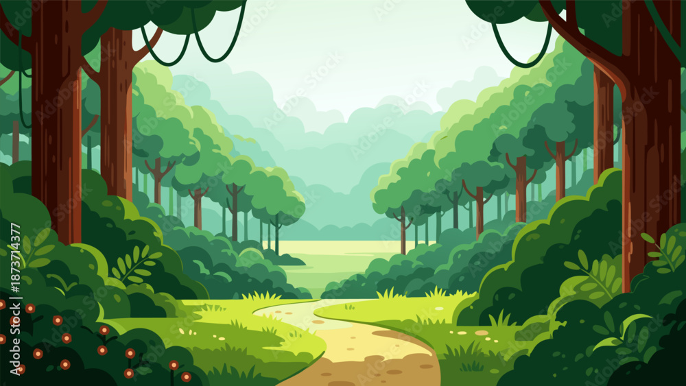 Naklejka premium Beautiful jungle landscape vector illustration of a serene pathway through lush green trees and foliage with vibrant flowers