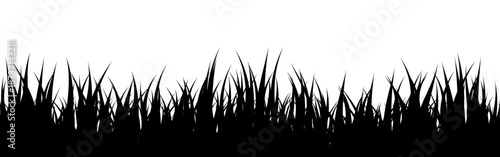 Meadow silhouette with grass, plants on plain. Panoramic summer lawn landscape with herbs, various weeds. Herbal border, frame element. Black horizontal banners. Vector illustration