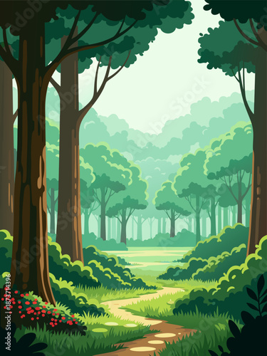 Enchanting forest path illustration vector art for nature and travel themes