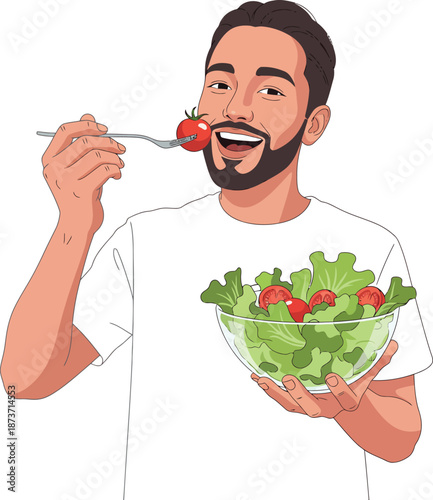 Smiling Bearded Man in a White Tshirt Happily Eating a Fresh Green Salad.