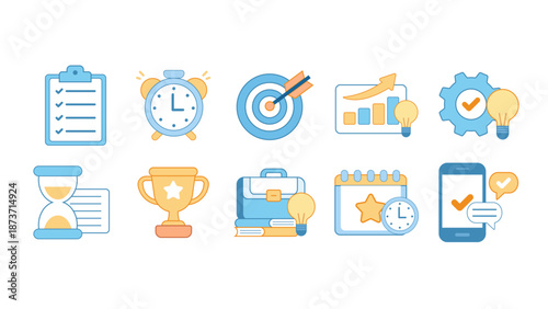 Collection of modern line icons related to productivity efficiency task management time optimization and work performance improvement