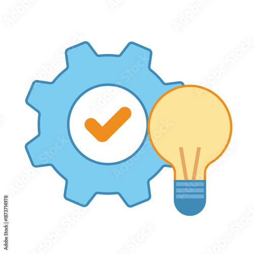 A blue gear cog with a checkmark and a light bulb for efficient systems
