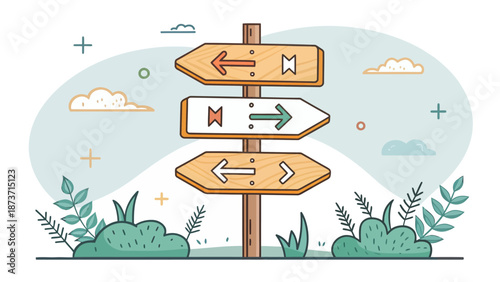 Whimsical directional signpost in a serene natural setting with arrows