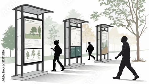 People walking past informational signage in a park