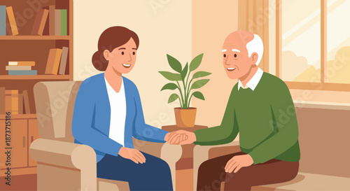  Caretaker and Elderly Conversation
A flat vector illustration of a caretaker sitting and talking with an elderly person, showing companionship and emotional support. 