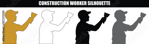 Plasterer Silhouette Icons Set Holding Putty Knife Spatula for Wall Repair and Construction