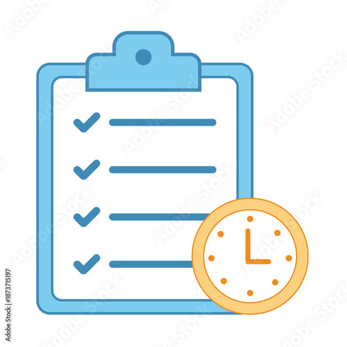 A clipboard with checked tasks and a clock for monitoring progress