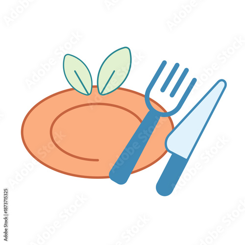 An orange plate with a fork and knife representing the evening meal