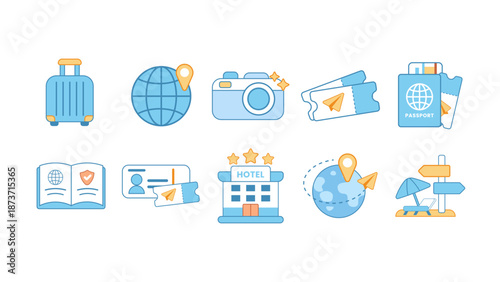 Collection of modern line icons related to travel tourism vacation transportation destinations and journey planning