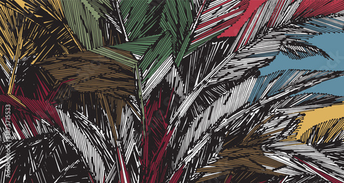 Hand drawn brush lines, bold hatched textures abstract palm tree leaves, ethnic and tribal vibrant and dense woodcut, block print style background, modern tropical look for textile