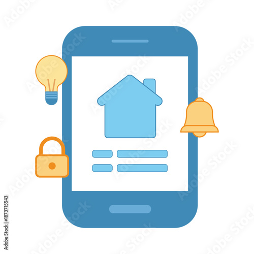 A smartphone interface showing icons for light, security, and alerts for house management