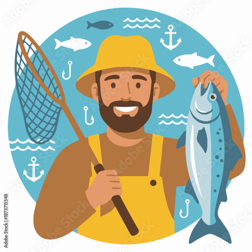  Friendly Fisherman Portrait
A flat vector illustration of a friendly fisherman smiling confidently, holding a fishing rod or fish. Simple background with sea icons. Flat vector style ideal for brand