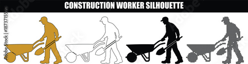 Construction Worker Silhouette Pushing Wheelbarrow and Carrying Shovel for Landscaping and Site Transport