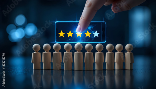 Customer experience rating and employee performance evaluation concept with glowing five star interface for corporate feedback website landing page
