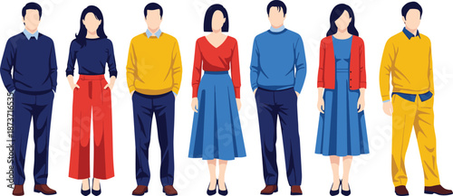 Set of diverse male and female characters standing in a row wearing modern colorful business casual outfits for office lifestyle.