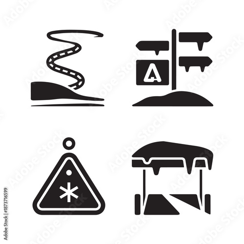 Winter vacation icon set features black silhouette of fun elements like snow tubing or sledding sign to give that winter feeling