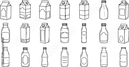 Milk Container Collection: Hand-Drawn Black  White Vector Set of Boxes and Bottles for Dairy Products, Juices, Beverages. Food Packaging Icons.