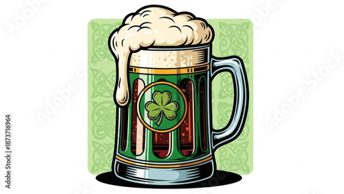 A colorful illustration of a beer mug with a shamrock on it for St. Patrick's Day