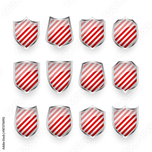 Glossy shields with red and black white. Security and protection concept. Cyber safety icons, internet privacy, web defense, digital data protection and antivirus themes. Vector illustration