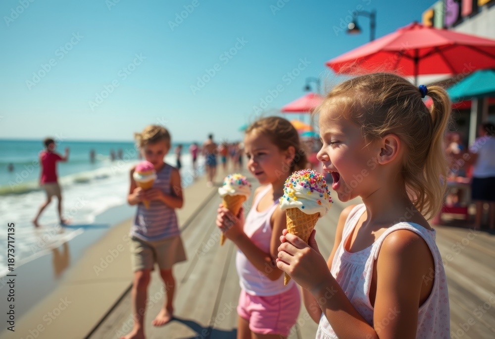 Fototapeta premium Sunny Boardwalk Scene Featuring Ice Cream Cone Sprinkles Joyful Beach Vibe