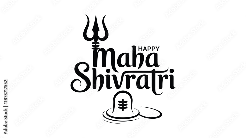 Fototapeta premium Happy maha shivratri typography with trishul and shivling symbol, black and white hindu religious festival calligraphy design isolated on white