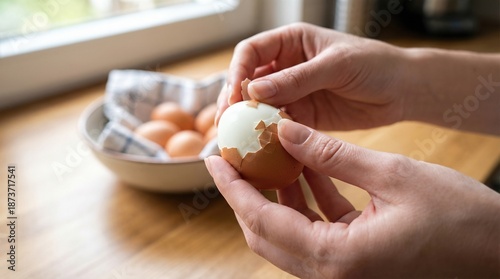 Wallpaper Mural Woman peeling boiled egg with hands. Cooking food preparation for Easter holiday. Healthy eating and breakfast concept. Torontodigital.ca
