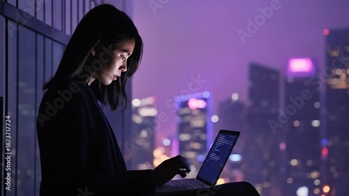 Woman working on laptop at night with city skyline background
