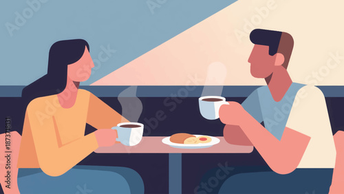 Illustration Of Couple Enjoying Morning Coffee Together, Calm Romantic Mood Vector Design Template