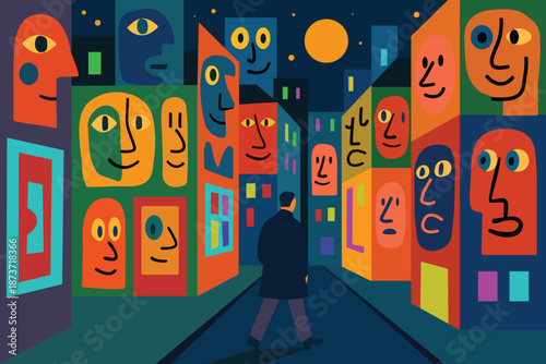 paranoia panic anxiety concept, man feel being watched by social eyes in urban night city ,security camera, vector art  