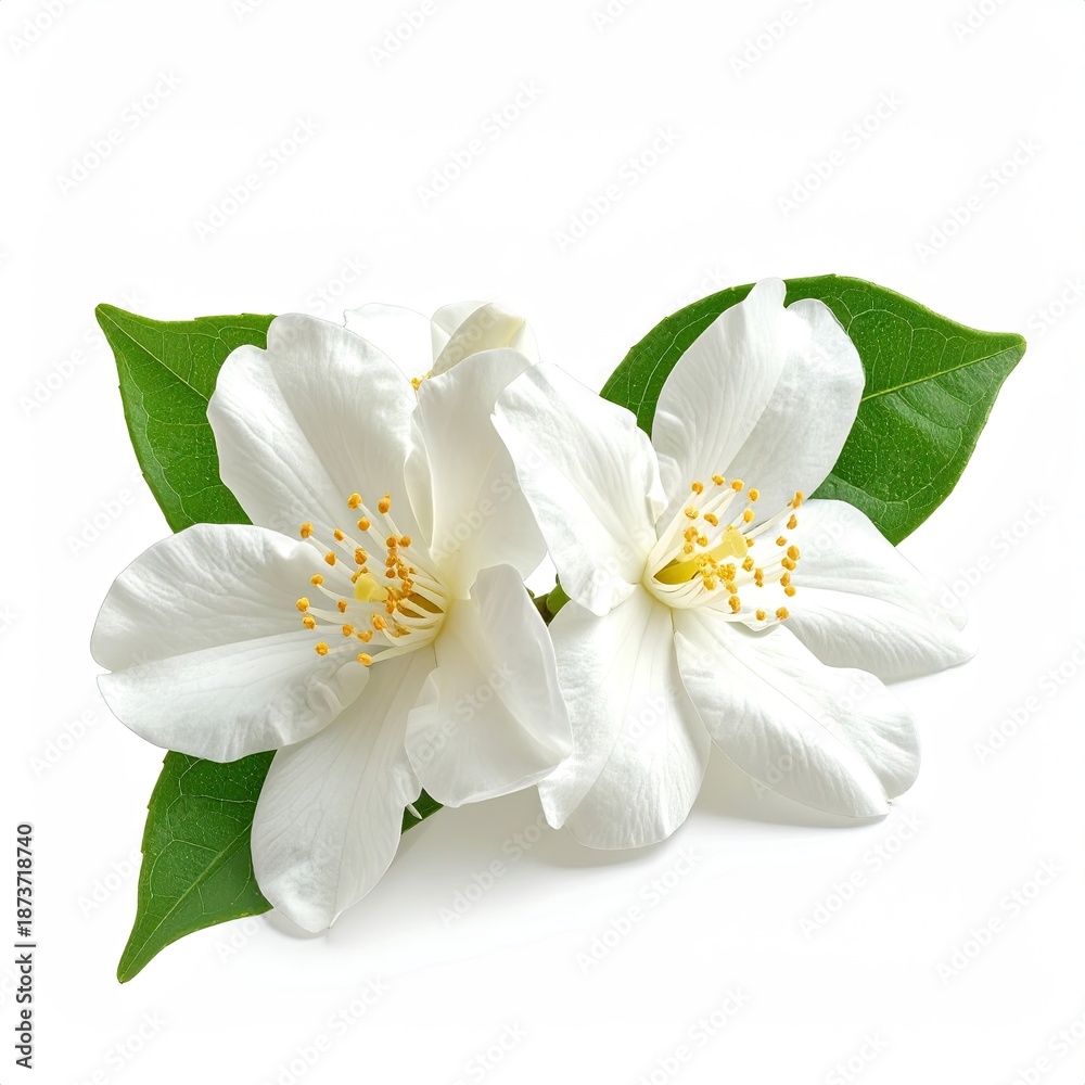 Obraz premium Two white flowers with green leaves on white