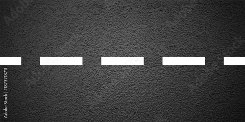 Asphalt road with white lane marking, concrete highway surface, texture. Street traffic line, road dividing strip. Pattern with grainy structure, grunge stone background. Vector illustration